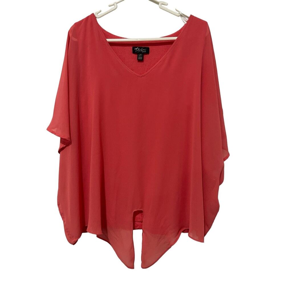 Thalia Sodi Women Top Sz L Red Tie Front Barcelona‎ Flutter Open Shoulders Sheer